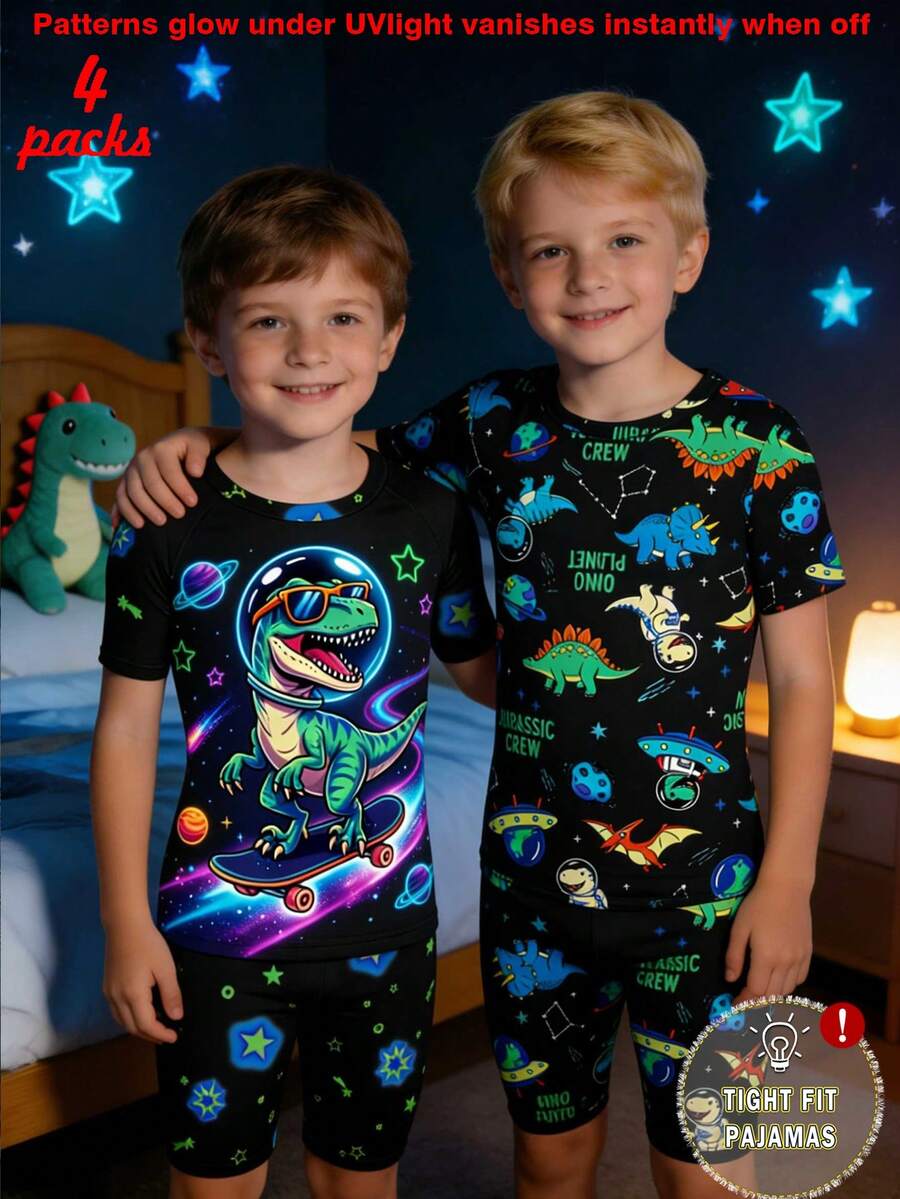 Bộ 2 món đồ ngủ tay ngắn ôm sát in hình khủng long phát sáng trong bóng tối dành cho bé trai, thích hợp cho mùa hè. - Nhiều màu - Xem 1