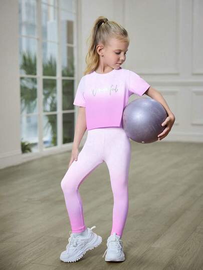 SHEIN Girls' Colorful Gradient Print Activewear Set, Loose Fit Top With Metallic Letter Graphics + Elastic Waist Skinny Leggings, Soft & Comfortable, Suitable For Summer, Casual, Sports, Outdoor Activities