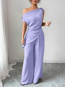 Elenzga Nuovo set estivo coreano a 2 pezzi, adatto per viaggi e fotografia, con un elegante top asimmetrico blu profondo del mare e pantaloni casual a vita alta - Viola malva - Visualizzare 4