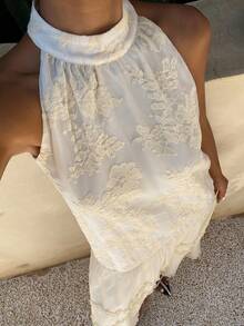 DAZY Đầm dài dáng suông không tay cổ tròn kiểu Pháp mùa xuân hè, đầm thêu viền bèo nhún dành cho nữ. - Màu be - Xem 7