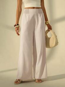 SHEIN Tall Summer Casual Vacation High Waist Wide Leg Pants - Apricot - View 1