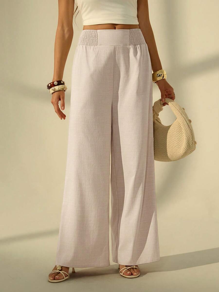 SHEIN Tall Summer Casual Vacation High Waist Wide Leg Pants - Apricot - View 1