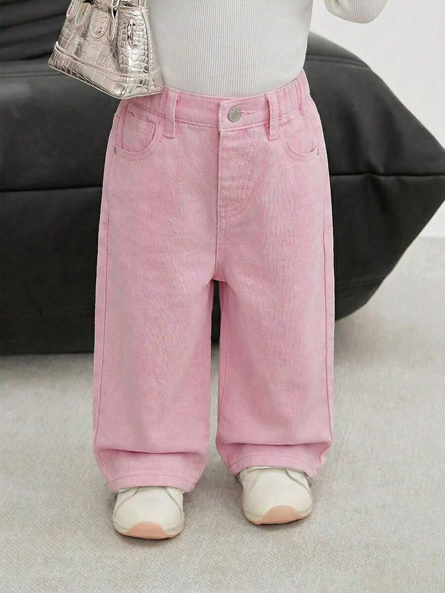 SHEIN Quần jeans ống đứng dáng suông, túi xéo, thường ngày cho bé gái. - Hồng - Xem 1