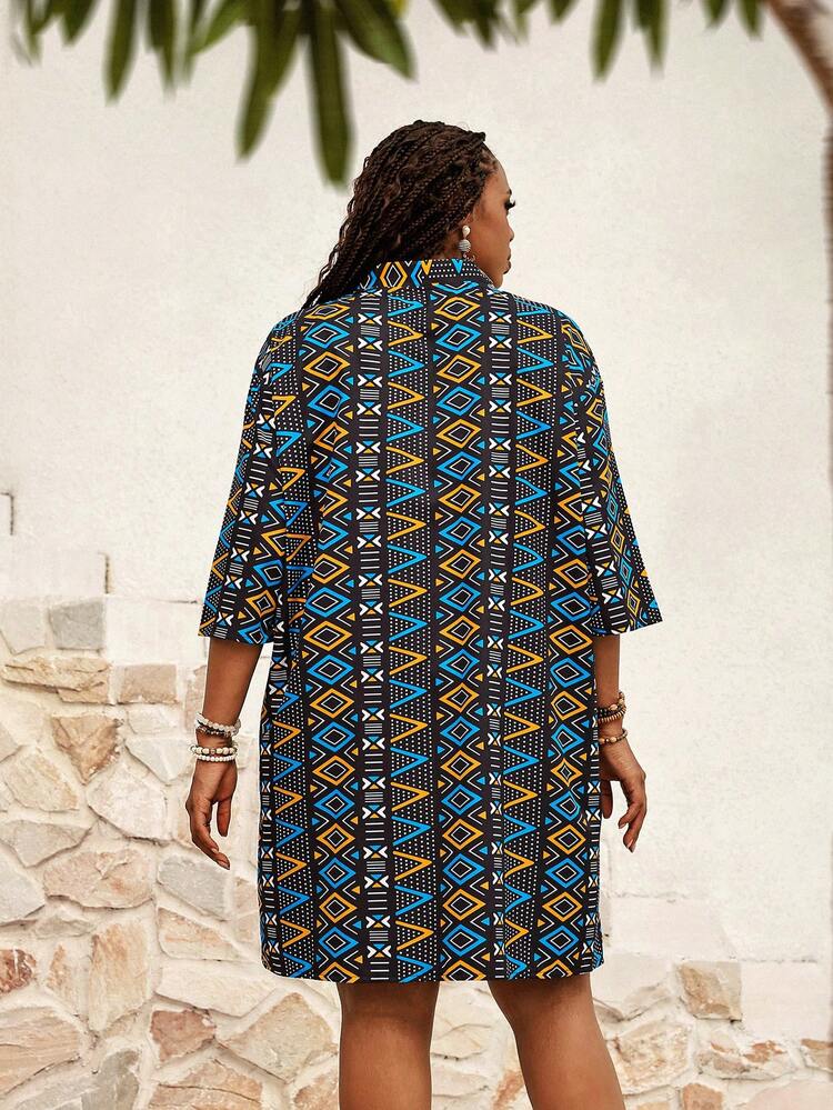 Plus Size Women Geometric Pattern Open Front Robe And Shorts Kimono 2 Pieces Set Summer Summer Outfits Spring Clothing Spring Outfit Festival Outfits For Women Beach Outfit For Women Vacation Outfits Women Holiday Outfits For Women Summer Holiday Outfits Country Concert Outfit Women's Country Clothing Casual Sets For Women Ladies Suits