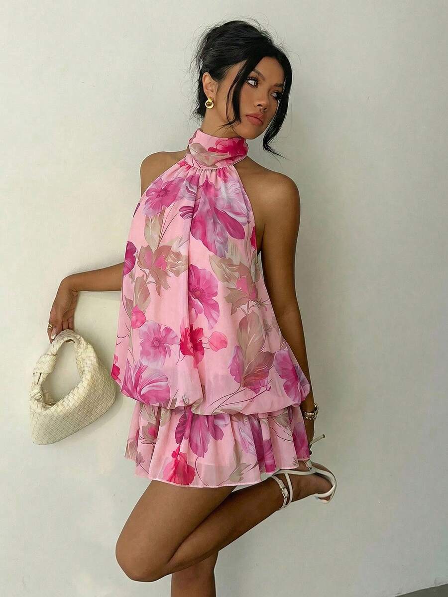 Aloruh Women's Elegant Light Yellow Halter Neck Tie Mini Dress - Pink - View 1