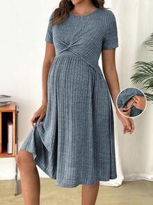 SHEIN Pregnant Women's Solid Color Round Neck Twist Ruched Nursing Function Casual Dress For Party & Outing - Blue - View 1