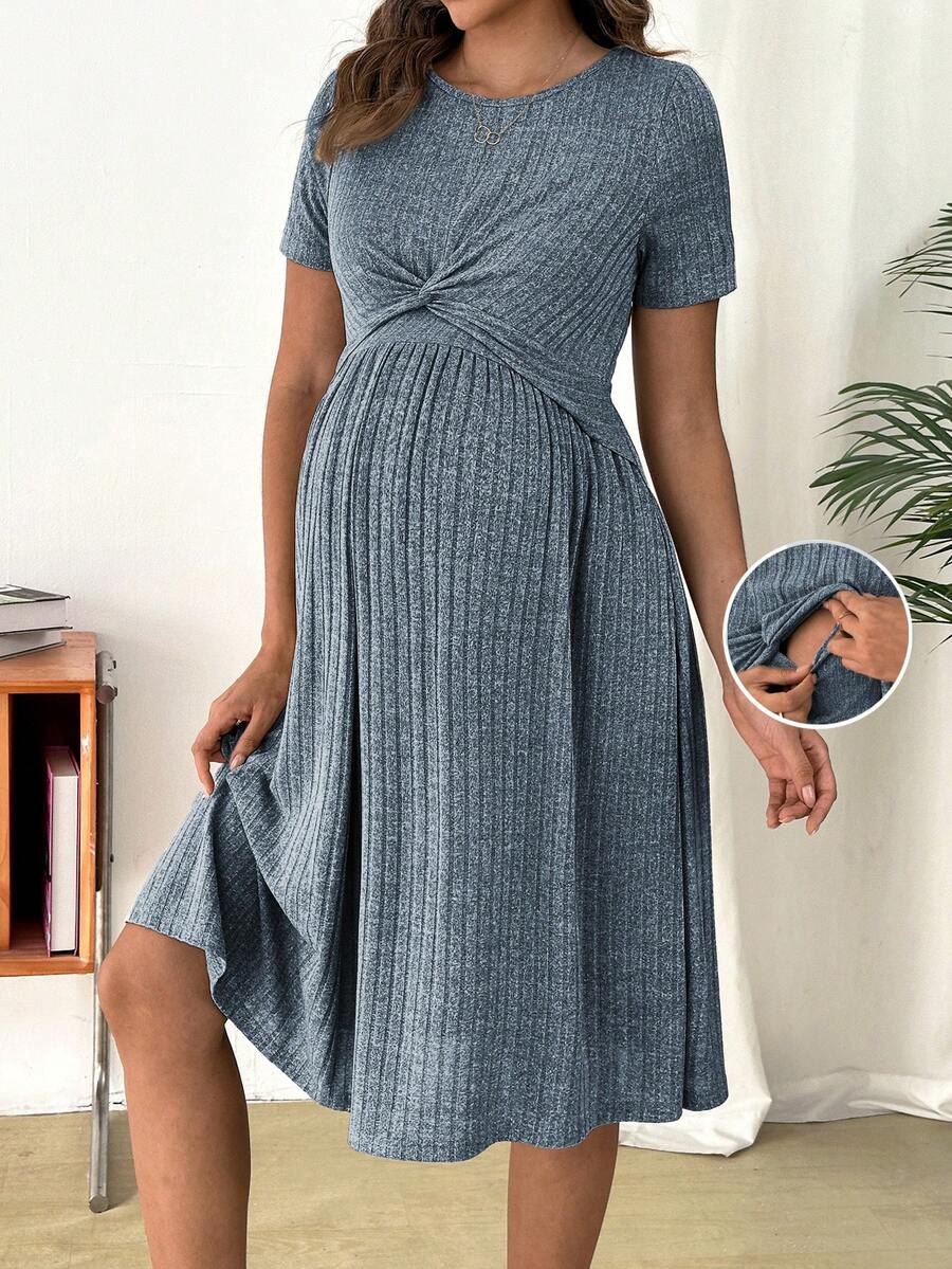 SHEIN Pregnant Women's Solid Color Round Neck Twist Ruched Nursing Function Casual Dress For Party & Outing - Blue - View 1