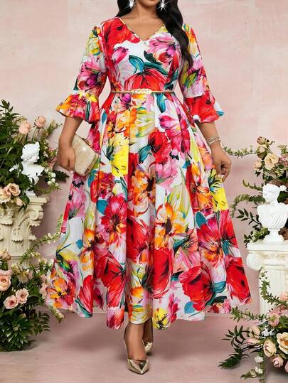 Fleurora Vestido elegante con estampado floral y mangas acampanadas para mujer de talla grande