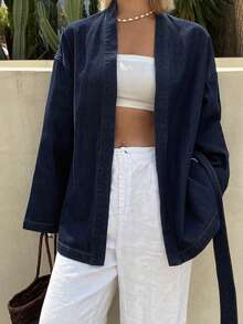 Cotton Blue Tie-Front Crossover Collar Denim Blouse, Suitable For Commuting & Office, Summer - Blue - View 3