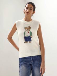 Briarwyn 女士百搭可爱小熊刺绣圆领针织背心 - 白色 - 查看 3