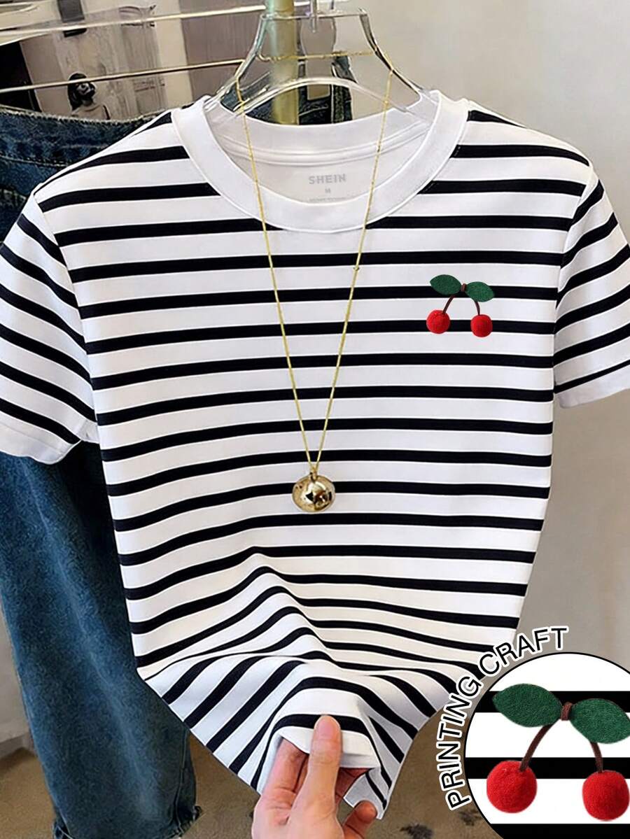 Women's Cherry Print Short Sleeve Striped Casual Round Neck T-Shirt - White - View 1