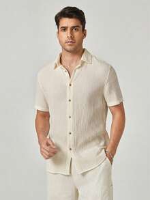 HIMLAND Men's Woven Casual Short Sleeve Shirt - Beige - View 4