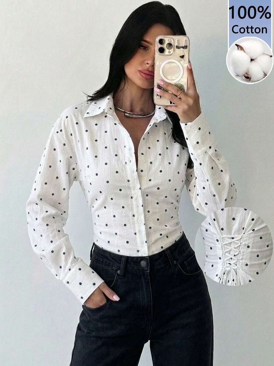 Firerie 女士100%纯棉黑白波点经典优雅复古长袖系带衬衫 - 休闲通勤度假上衣,收腰波西米亚风上衣,完美适用于春、夏、秋季,工作装、约会装和下午茶装扮 - 彩色 - 查看 1