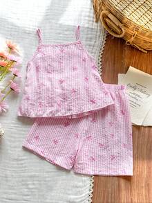 Vintaside Kids 少女夏季条纹蝴蝶结印花吊带背心和短裤套装，褶皱腰身宽松版型，适合日常外出、休闲聚会、野餐和拍照。 - 彩色 - 查看 2