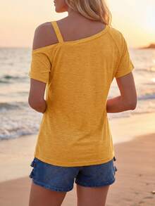 EMERY ROSE 纽扣细节不对称领口肩部 T 恤 - 黃色 - 查看 2