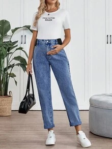 SHEIN Maternity Blue Denim Flared Cuff Pants - Medium Wash - View 3