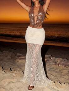 Nevyona Áo croptop đính sequin phối lưới, áo hai dây hở lưng cổ chữ V sâu gợi cảm, món đồ không thể thiếu cho các bữa tiệc và lễ hội, mẫu áo dự tiệc mới về dành cho nữ. - màu nâu - Xem 3