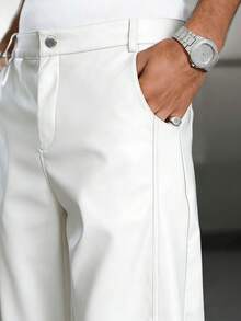 PAVTROS Men's Casual Slant Pocket Loose PU Leather Pants - White - View 4