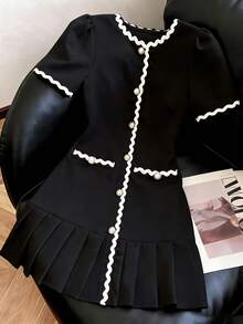 Girls' Back-To-School Elegant School Pleated Dress,Black And White Scalloped Trim Wave Ribbon Outfit,Spring/Summer Minimalist Solid Color For Autumn - Black - View 3