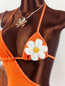 Amplova Women's One-Piece Swimsuit With 3D Floral Decor And Tie-Up Neck, Suitable For Beach Vacation, Pool Party, Beach Party Orange Summer Tropical - Apricot - View 4