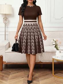 SHEIN Lady Women's Geometric Print Patchwork Round Neck Short Sleeve Elegant Dress - Brown - View 3