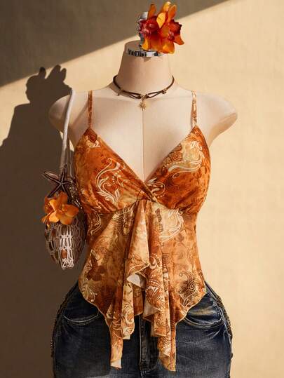 SHEIN ICON Plus Size Women Paisley Print Ruffle Hem Camisole Top