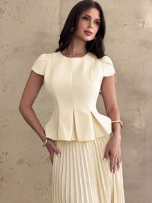 Firerie Women's Solid Color Pleated Hem Covered Sleeve Shirt And Pleated Mini Skirt Elegant 2 Pieces Set - Light Yellow - View 3