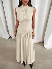 Aloruh Solid Color Pleated Collar Knit Elegant Sleeveless Flared Dress - Beige - View 6