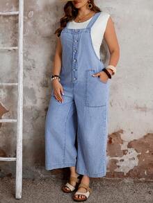 SHEIN CURVE+ Große Größen Lässige Jeans-Latzhose mit Knöpfen vorne, Sommer Karnevals-Kostüm, Pendeln, Urlaub, Abschluss, Chic Y2K, Süße Streetwear, Party, Hochzeit, Elegant, Business Lässig, Frau, Business, Strand, Ostern, Lässige Weite Bein Jeans-Latzhose mit verstellbaren Trägern und Knöpfen vorne, Sommer Jumpsuit, Vielseitiger Utility-Jumpsuit, Ostern Lässiger Jumpsuit - Blau - Übersicht 7
