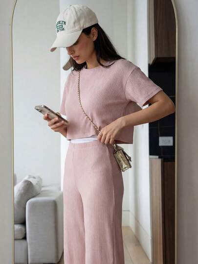 Solavon Conjunto top tejido de canalé de hombros caídos con pantalones