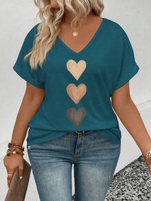 INAWLY 女士V领袖口渐变爱心印花休闲百搭T恤，春夏款 - 水鴨藍 - 查看 4