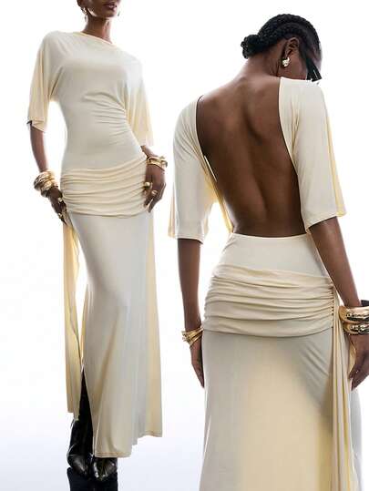 LYSMO Đầm nữ không tay màu trơn, thiết kế xếp nếp thắt eo, kiểu dáng thanh lịch