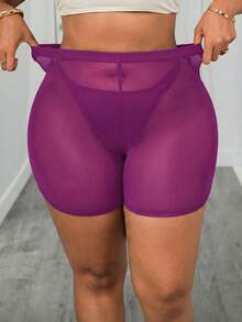 SHEIN PETITE CURVE Plus Sheer Mesh Biker Shorts Without Panty - Red Violet - View 3