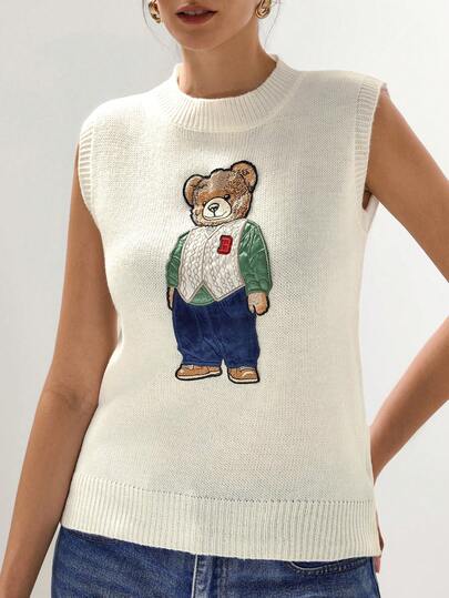Briarwyn 女士百搭可爱小熊刺绣圆领针织背心