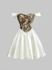 Sweetness Vestido corto vintage con hombros descubiertos y cintura ceñida con estampado floral primaveral y veraniego, vestido entallado y acampanado talla grande para cumpleaños - Albaricoque - Ver 5