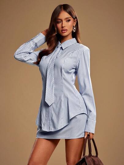 SHEIN x Luisa Sonza Radiana Women's Summer Casual Minimalist Fashion Blue Striped Shirt Set, Blue Tie Striped Shirt + Bodycon Striped Skirt 2-Piece Set, OL Style Suit, Commuting Outfit, Professional Attire, Sexy Office Lady Set, Casual Business Women's Wear, Business Suit, Shirt Set