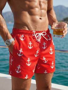 Manfinity Swimmode Quần short đi biển nam in hình mỏ neo, cạp chun có dây rút. - Đỏ và trắng - Xem 3