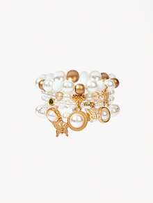 Opalesca 4pcs Bohemian Style Multilayer Elastic Bracelets With Creative Crystal, Butterfly, Faux Pearl Bead Design, Perfect For Ladies' Birthday Party - White - View 7