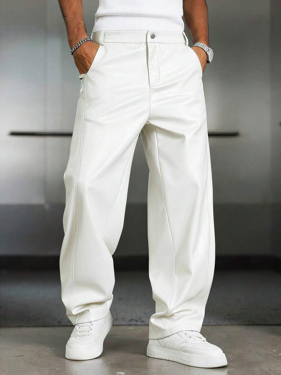 PAVTROS Men's Casual Slant Pocket Loose PU Leather Pants - White - View 1