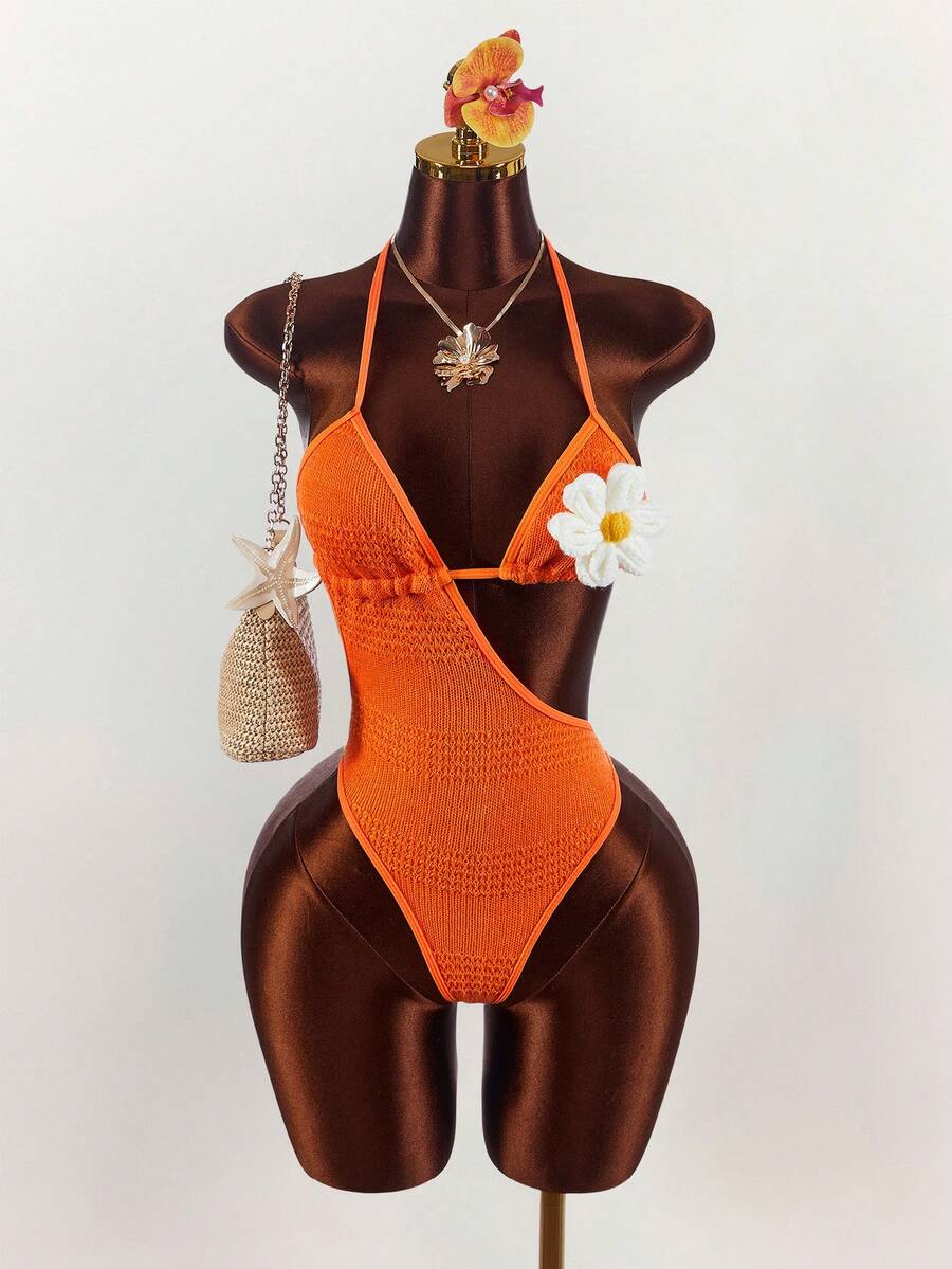 Amplova Women's One-Piece Swimsuit With 3D Floral Decor And Tie-Up Neck, Suitable For Beach Vacation, Pool Party, Beach Party Orange Summer Tropical - Apricot - View 1