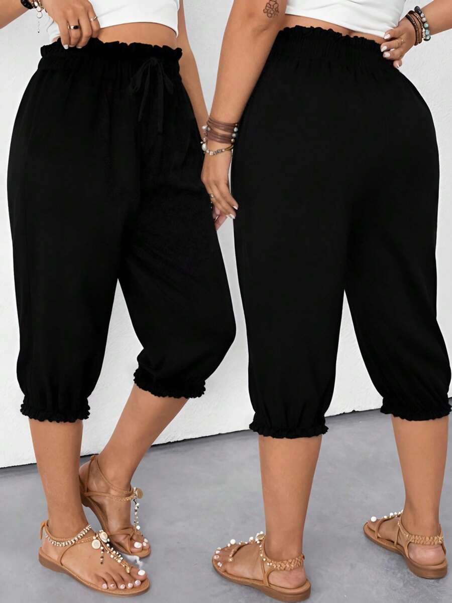 EMERY ROSE Plus Size Drawstring Pocket Casual Black Pants, Versatile For Summer Daily Wear - Black - View 1