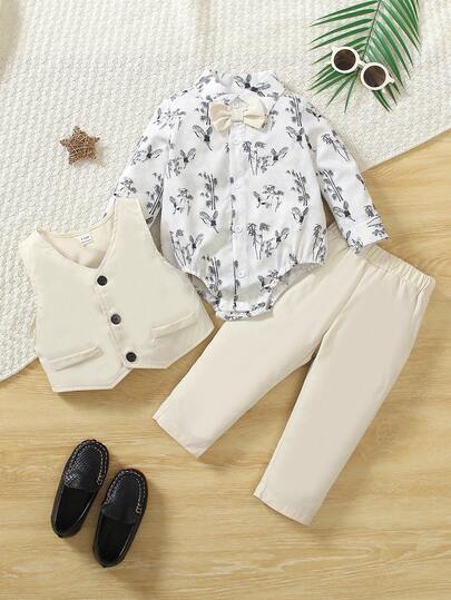 SHEIN 3pcs/Set Baby Boys Gentleman Outfit, Includes Vest, Long Sleeve Bamboo Shirt Jumpsuit, And Pants. Suitable For Infants And Toddlers In Various Autumn/Winter Occasions, Perfect For Weddings, Parties, And Everyday Wear