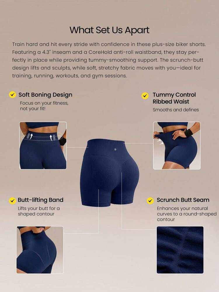 Plus Size 4.3" Ultrafine Soft Seamless Weekend Miles High Waist Scrunch Butt Lifting CoreHold Biker Shorts Medium Impact Running Jogging Training Workout Gym Wear