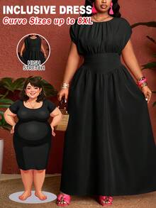 SHEIN CURVE+ Curve 尺码 US22 音乐节、海滨度假、波西米亚风女装 202 春夏新款优雅通勤/海滩度假/约会/派对/音乐节组合连衣裙，清新洋红色，圆领无袖，腰部拼接利落A字摆褶裥长裙 - 黑色 - 查看 10