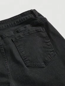 ROMWE Grunge Punk Quần short denim cỡ lớn, kiểu dáng vintage, bạc màu, in hình bộ xương. - màu đen - Xem 3