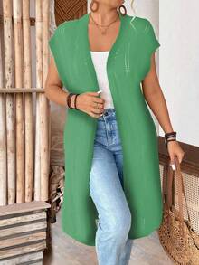 SHEIN LUNE Plus Size Women Sleeveless Hollow Out Long Cardigan, Lightweight, Suitable For Vacation, Commute, St. Patrick's Day, Spring/Summer - Olive Green - View 7