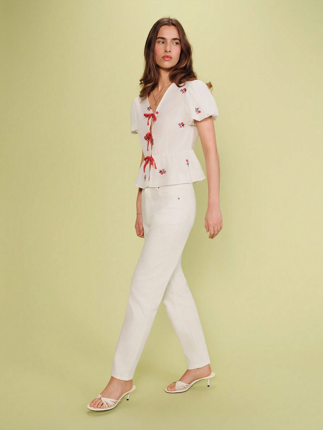 White Floral Loose Fit Floral Embroidered Blouse With Peplum Shape, Bow Tie Details Cute Summer Top Casual Holiday Top French Style Top