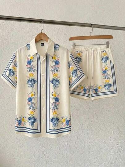 Genlund Men's Summer Vacation Holiday Boho Blue And Yellow Floral Print White Short Sleeve Button Up Shirt And Shorts 2 Piece Matching Co-Ord Set, Navy Blue Stripe Border Linen Feel Vintage Casual Going Out Spring Festival Beach Resort Graduation Outfit,Men's Floral Print Short Sleeve Shirt And Shorts Set