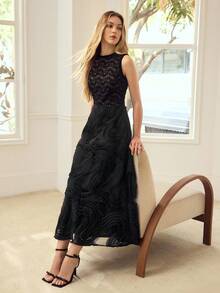 MOTF PREMIUM 女士圆领无袖撞色蕾丝纹理中长连衣裙，休闲约会装，春夏款 - 黑色 - 查看 5