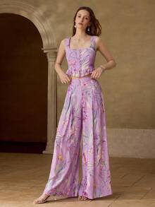 MOTF PREMIUM Bộ đồ nữ 2 món bằng vải lanh in họa tiết, mùa xuân/hè - Màu tím - Xem 4